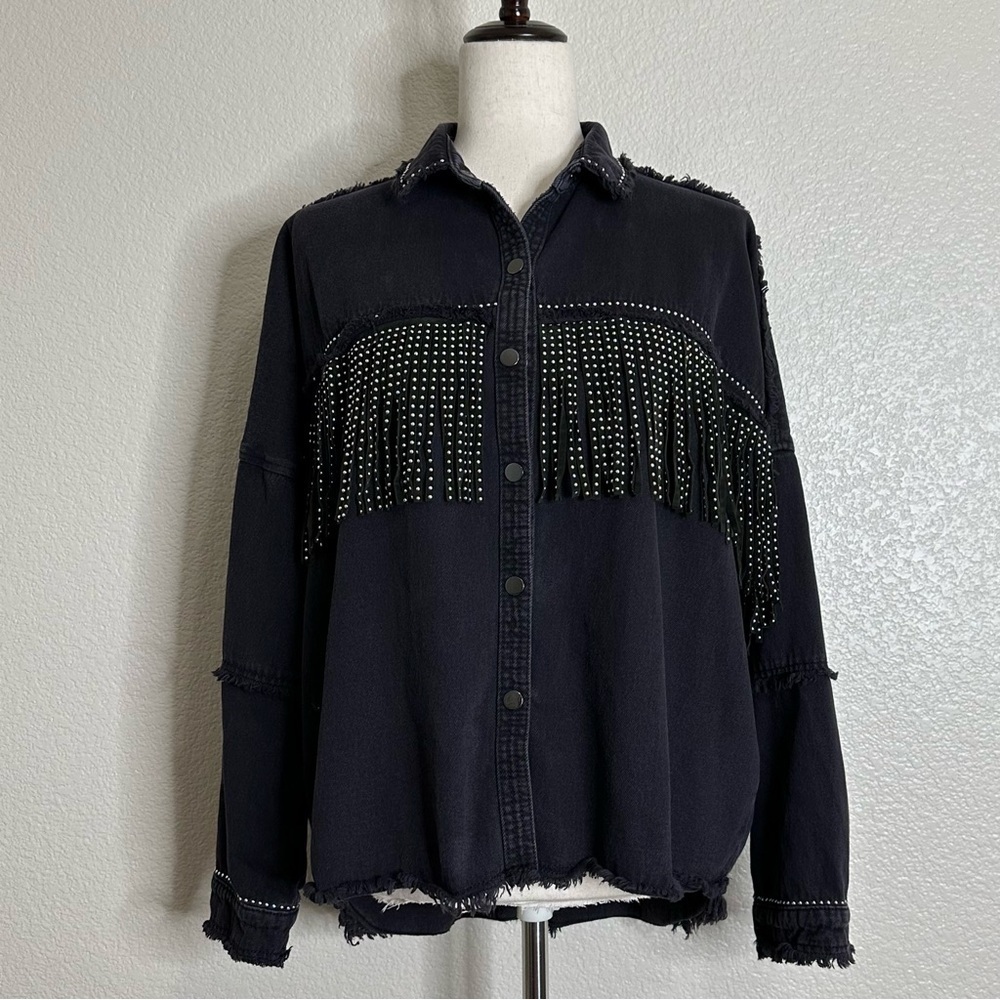 Zara Woman Western Black Denim Studded Fringe Jacket, Sz Small